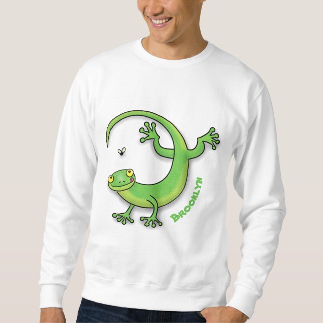 Cute happy green gecko greetings with bug cartoon sweatshirt (Front)