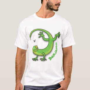 Cute happy green gecko greetings with bug cartoon T-Shirt