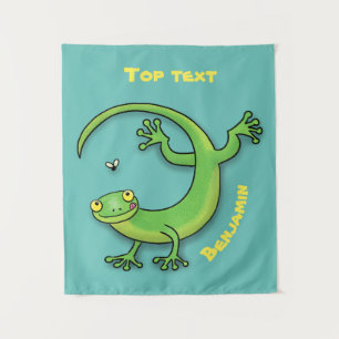 Cute happy green gecko greetings with bug cartoon tapestry