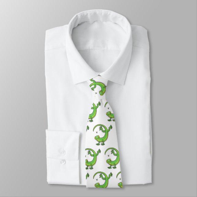 Cute happy green gecko greetings with bug cartoon tie (Tied)