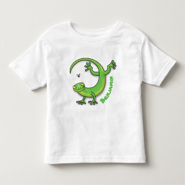 Cute happy green gecko greetings with bug cartoon toddler T-Shirt (Front)