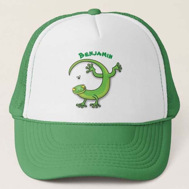 Cute happy green gecko greetings with bug cartoon trucker hat (Front)