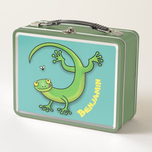 Cute happy green gecko lizard with bug cartoon metal lunch box (Front)