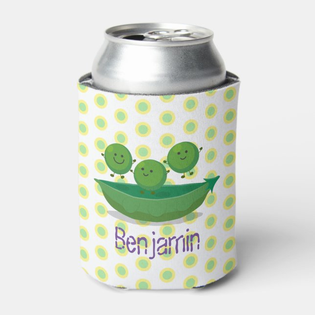Cute happy green peas and pod cartoon illustration can cooler (Can Front)