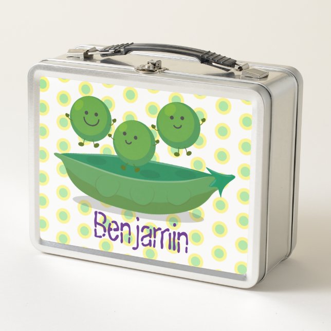Cute happy green peas and pod cartoon illustration metal lunch box (Front)