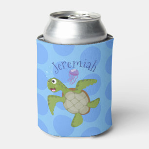 Cute happy green sea turtle cartoon illustration can cooler