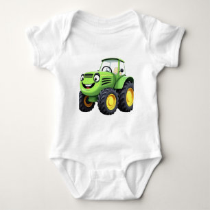 Cute happy green tractor cartoon baby bodysuit