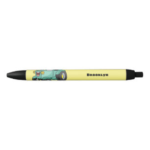 Cute happy green tractor cartoon black ink pen