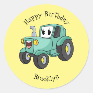 Cute happy green tractor cartoon classic round sticker