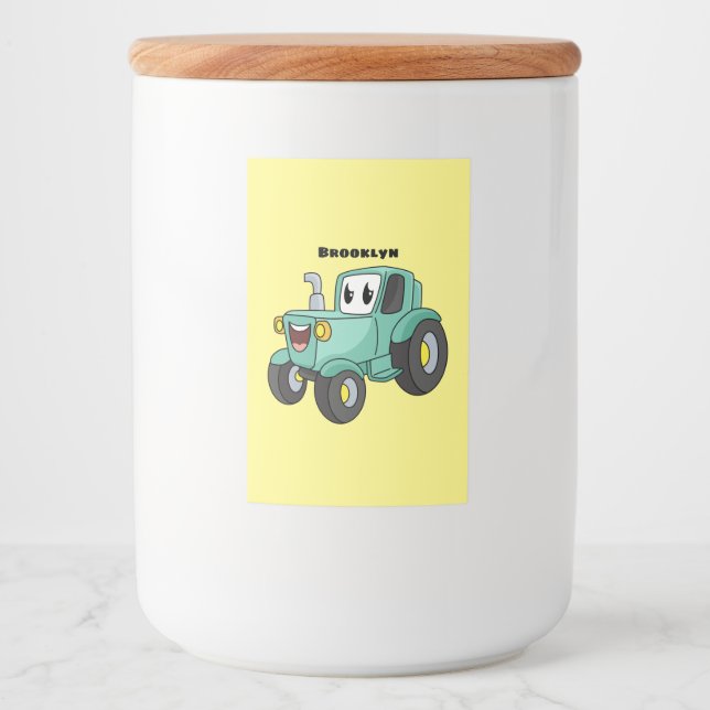 Cute happy green tractor cartoon food label (Front)