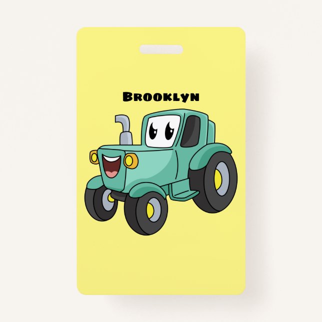 Cute happy green tractor cartoon ID badge (Front)