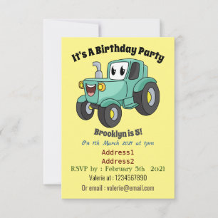 Cute happy green tractor cartoon invitation