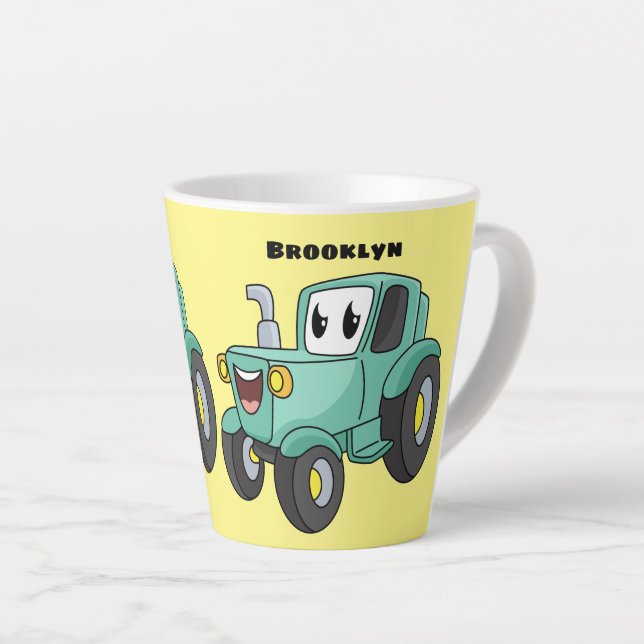Cute happy green tractor cartoon latte mug (Right Angle)