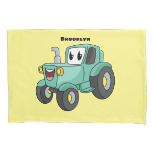 Cute happy green tractor cartoon pillowcase