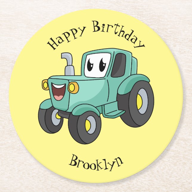 Cute happy green tractor cartoon round paper coaster (Front)