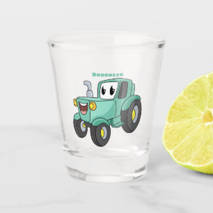 Cute happy green tractor cartoon shot glass