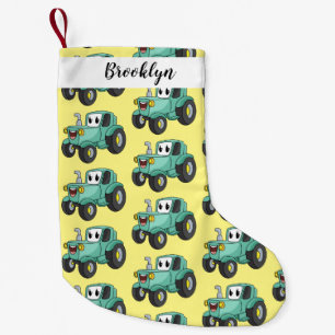 Cute happy green tractor cartoon  small christmas stocking