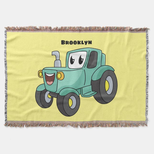 Cute happy green tractor cartoon throw blanket (Front)