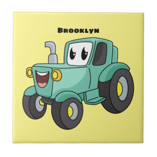 Cute happy green tractor cartoon tile