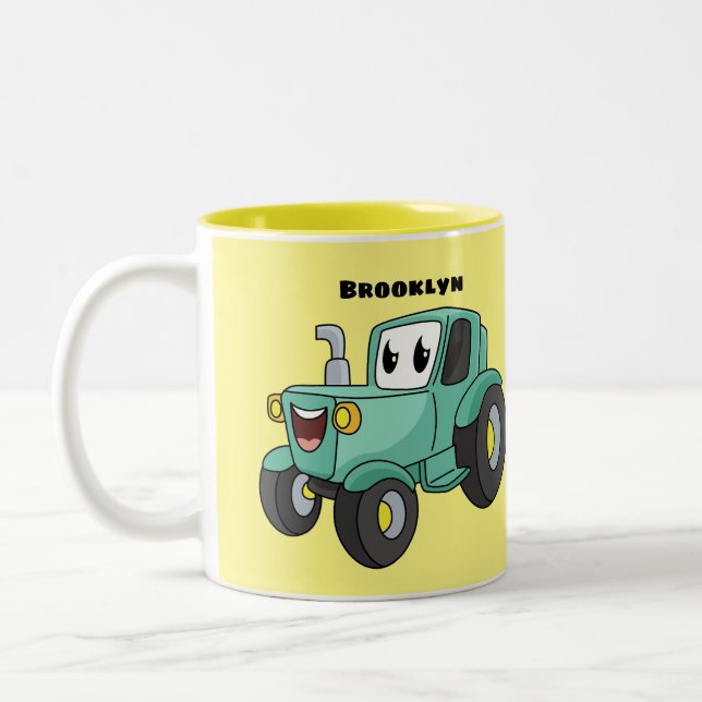 Cute happy green tractor cartoon Two-Tone coffee mug (Left)