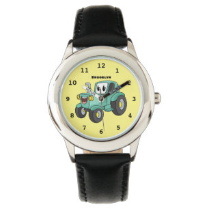 Cute happy green tractor cartoon watch