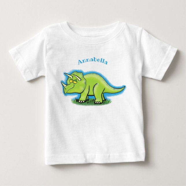 Cute happy green triceratops dinosaur cartoon baby T-Shirt (Front)
