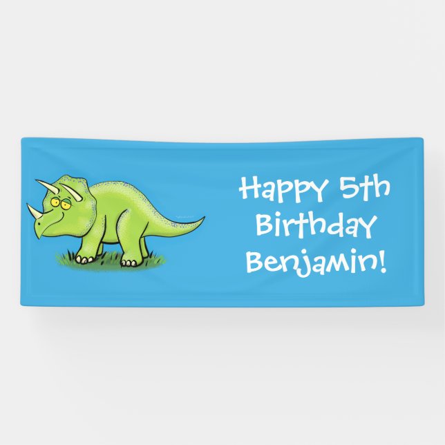 Cute happy green triceratops dinosaur cartoon banner (Horizontal)