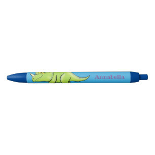 Cute happy green triceratops dinosaur cartoon black ink pen