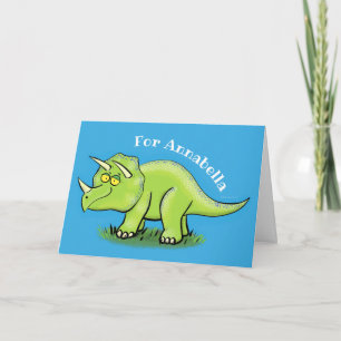 Cute happy green triceratops dinosaur cartoon card