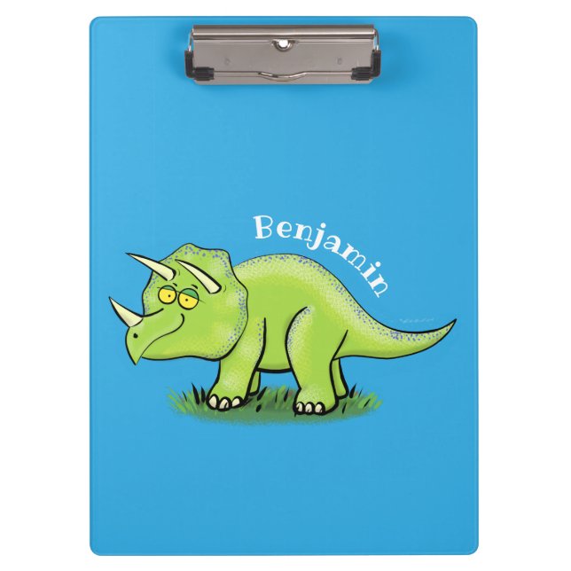 Cute happy green triceratops dinosaur cartoon clipboard (Front)