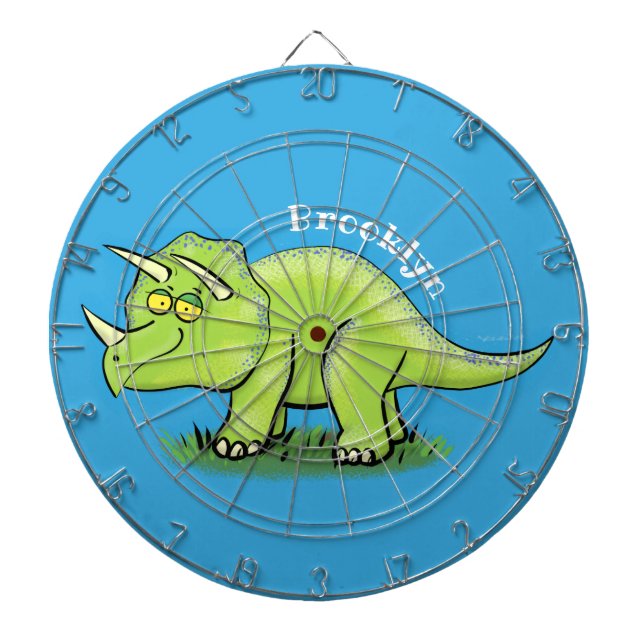 Cute happy green triceratops dinosaur cartoon dartboard (Front)