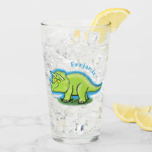 Cute happy green triceratops dinosaur cartoon glass