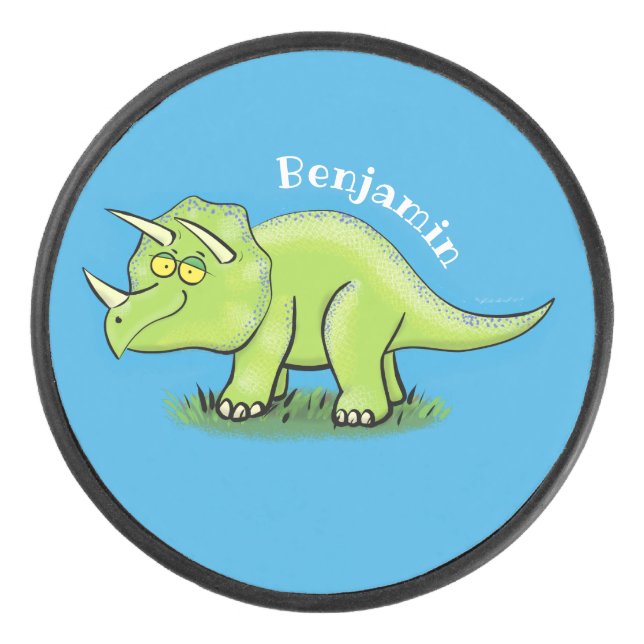 Cute happy green triceratops dinosaur cartoon hockey puck (Front)