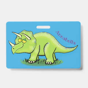 Cute happy green triceratops dinosaur cartoon ID badge