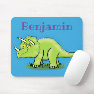 Cute happy green triceratops dinosaur cartoon mouse pad
