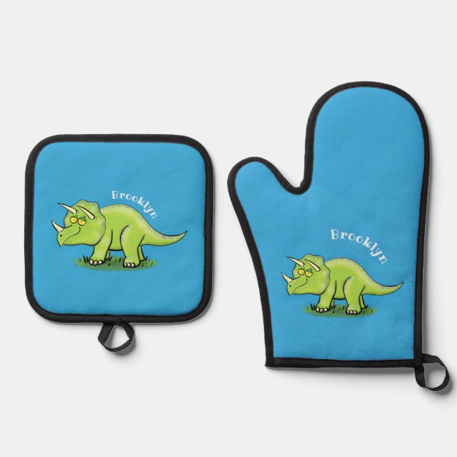 Cute happy green triceratops dinosaur cartoon oven mitt & pot holder set (Front)
