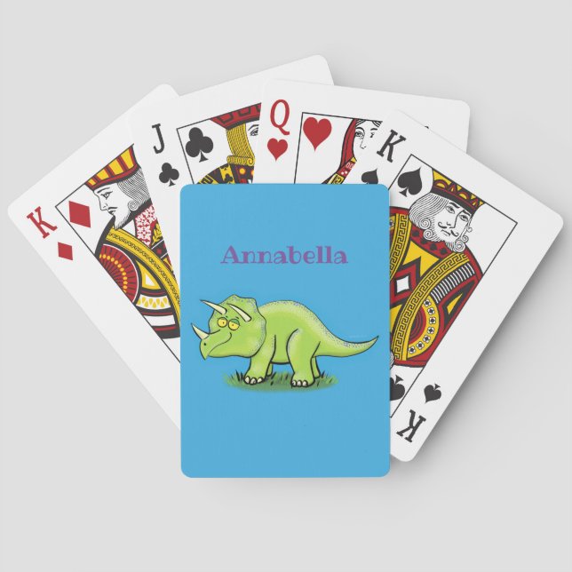 Cute happy green triceratops dinosaur cartoon playing cards (Back)
