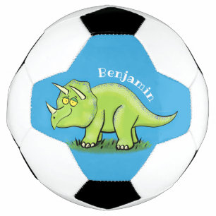 Cute happy green triceratops dinosaur cartoon soccer ball