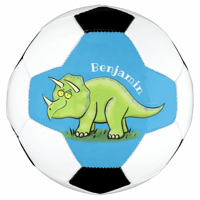 Cute happy green triceratops dinosaur cartoon soccer ball (Front)