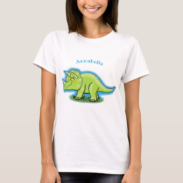 Cute happy green triceratops dinosaur cartoon T-Shirt (Front)