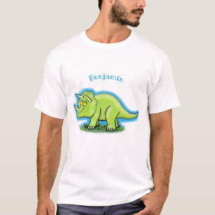 Cute happy green triceratops dinosaur cartoon T-Shirt