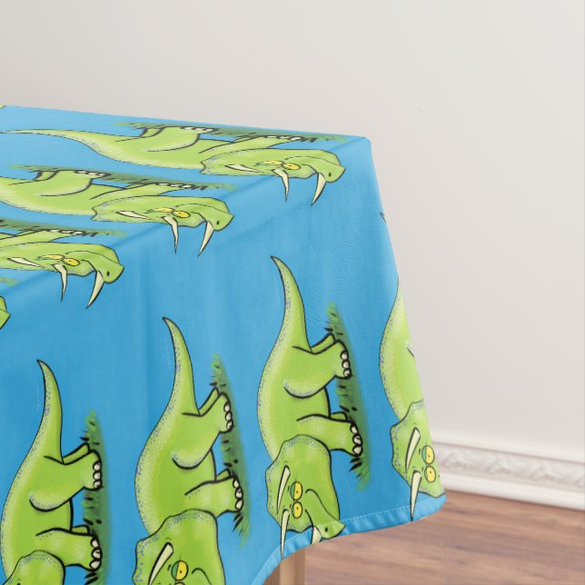 Cute happy green triceratops dinosaur cartoon tablecloth (In Situ)