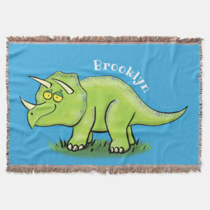 Cute happy green triceratops dinosaur cartoon throw blanket