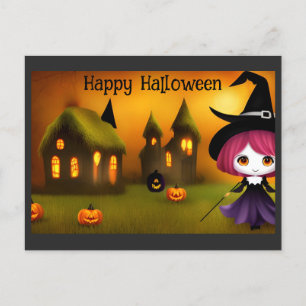 Cute Happy Halloween Anime Witch Pumpkin Postcard