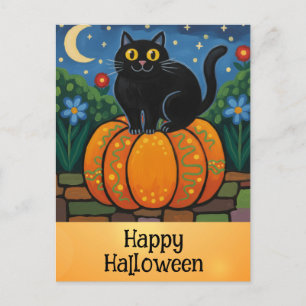 Cute Happy Halloween Black Cat Orange Pumpkin Postcard