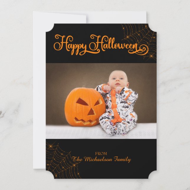 Cute Happy Halloween Bokeh Cobwebs Photo Card (Front)