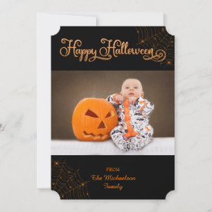 Cute Happy Halloween Bokeh Cobwebs Photo Card