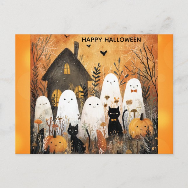 Cute Happy Halloween Ghost Black Cat Pumpkin Postcard (Front)