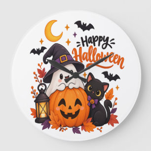 Cute Happy Halloween Ghost Pumpkin Black Cat Large Clock