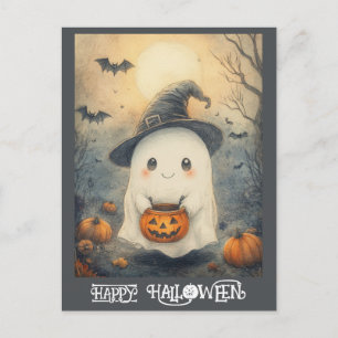 Cute Happy Halloween Ghost Trick Or Treat Pumpkin Postcard